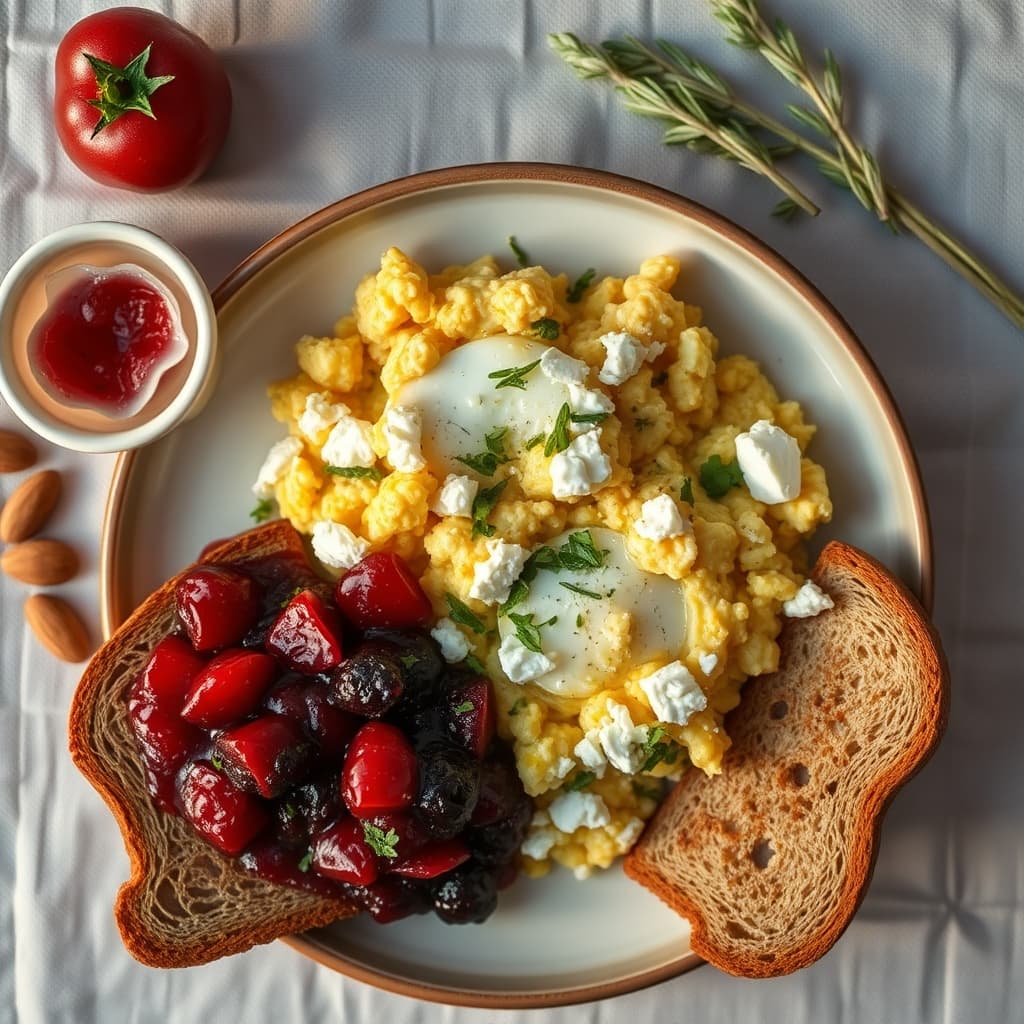 Savory Greek Feta & Egg Scramble with Whole Wheat Toast & Berry Compote
