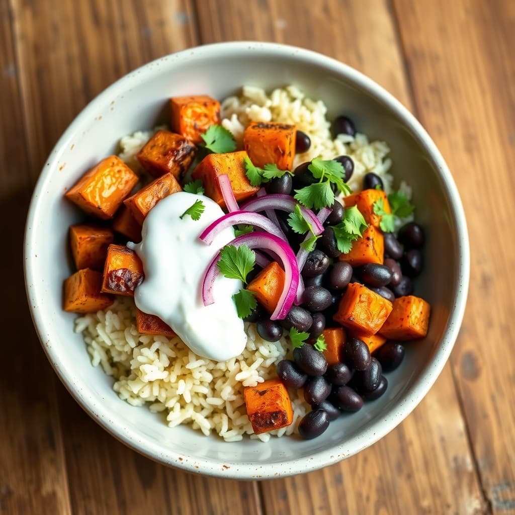 Cumin-Roasted Sweet Potato & Black Bean Bowl with Cashew-Lime Crema